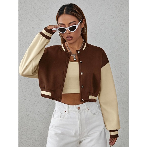 Drop Shoulder Two Tone Crop Bomber Jacket preppy black white - Picture 8 of 11